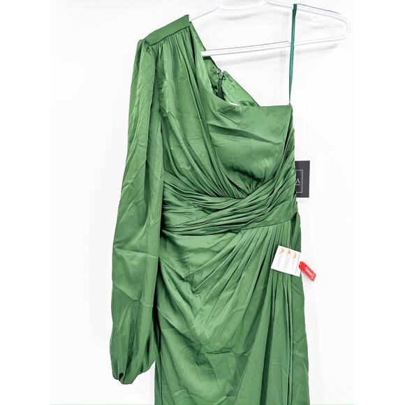 Mac Duggal 11251 Emerald Green One Shoulder Long Sleeve Draped Charmeuse Gown - Picture 4 of 7